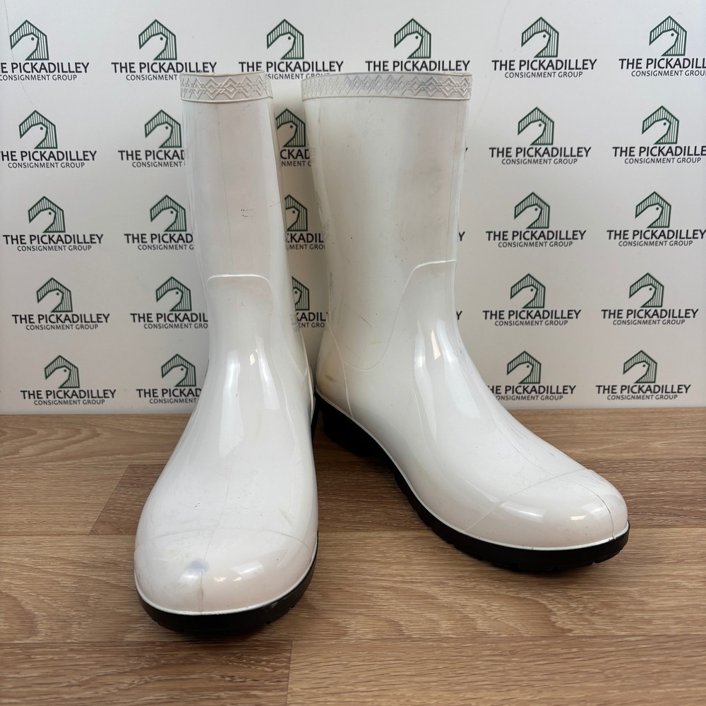 UGG White Rain Boots Women's Size 11 Mid Calf Waterproof‎ Rubber Lug Sole Shiny
